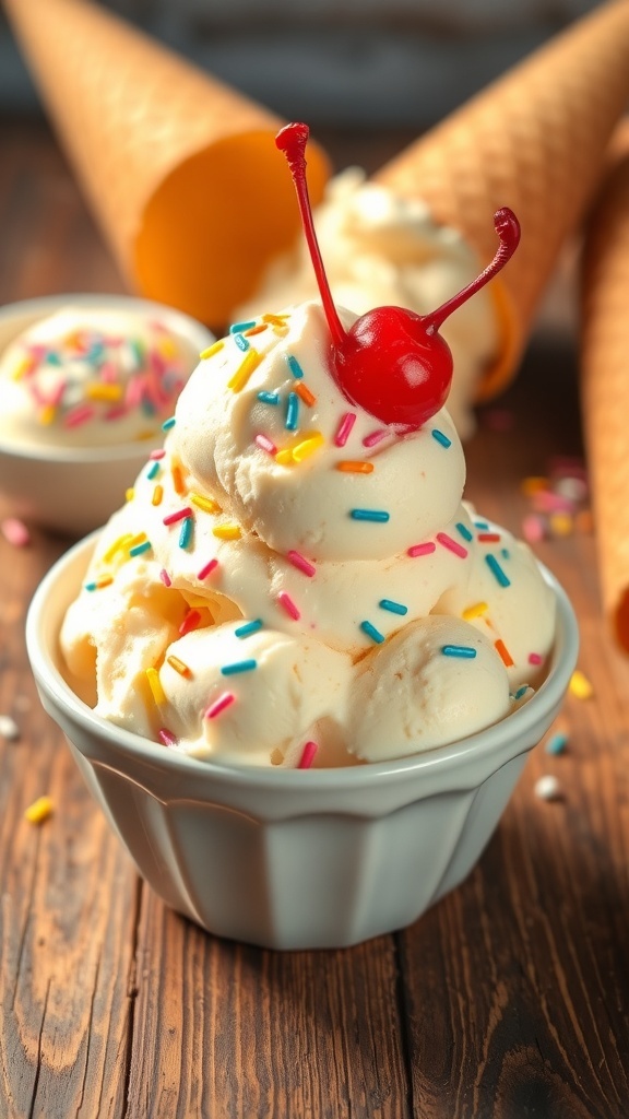 Delicious Ice Cream Recipe A bowl of vanilla ice cream with sprinkles and a cherry on a wooden table.